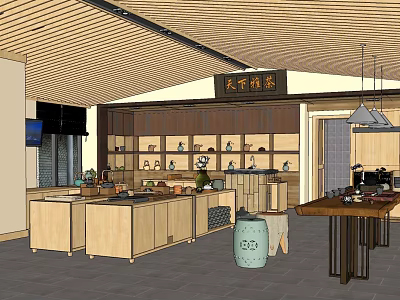 Traditional Tea House Interior With Wooden Ceiling Display Shelves And Tea Sets 3d model