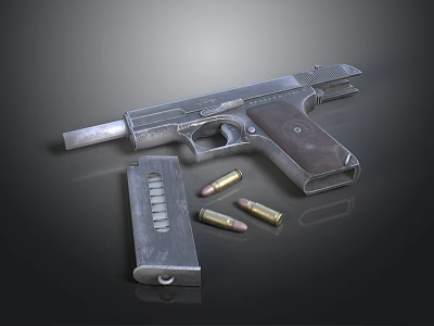 Vintage Metal Pistol With Wooden Grip Magazine And Bullets On Dark Surface 3d model