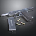 Vintage Metal Pistol With Wooden Grip Magazine And Bullets On Dark Surface