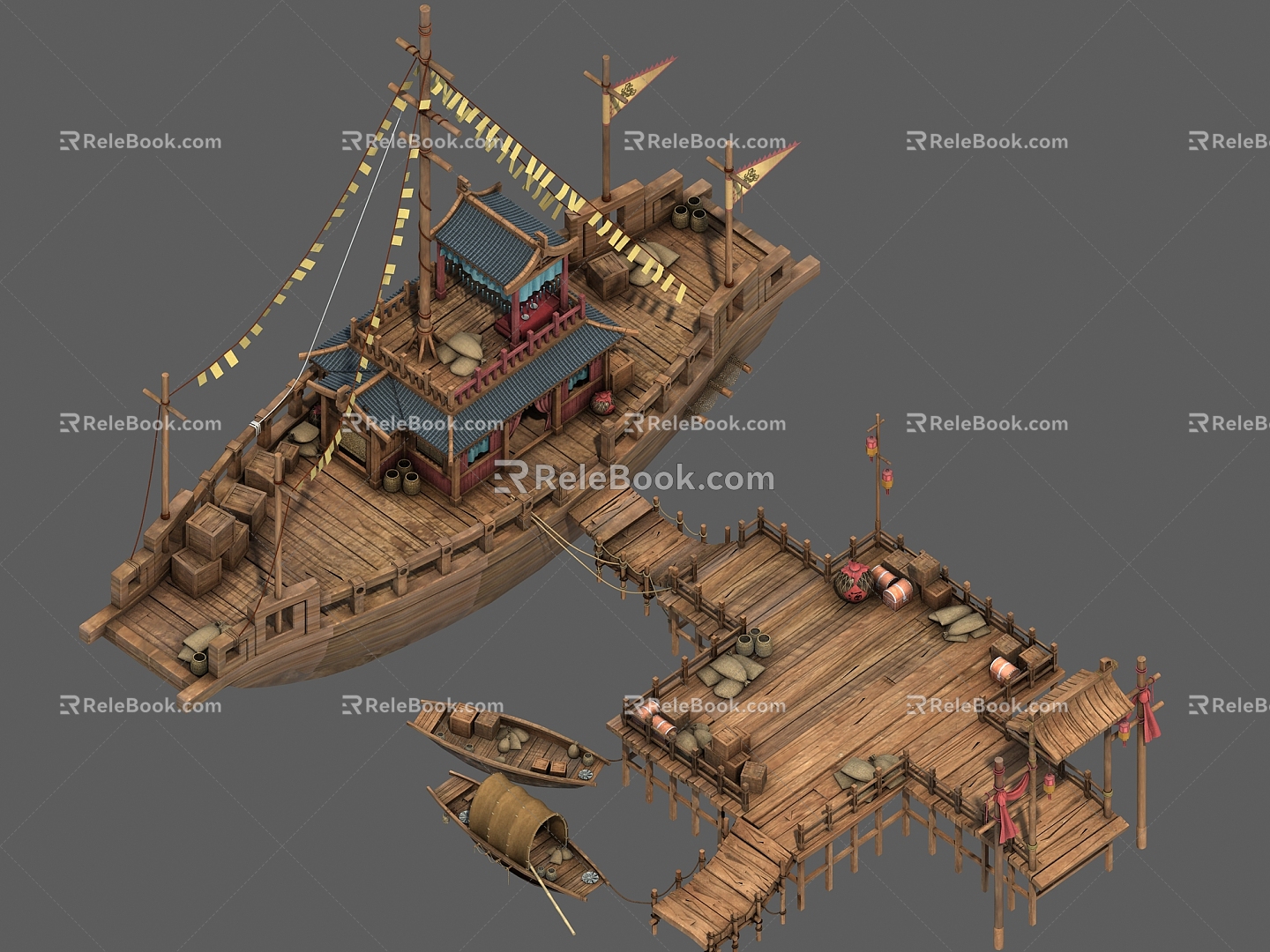 Chinese Wooden Boat Wharf 3d model