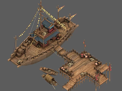 Traditional Wooden Boat With Deck Cabin Flags Small Boats And Wooden Dock 3d model