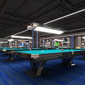 Spacious Well Lit Billiard Room Interior With Multiple Pool Tables Blue Carpet And Ceiling Lights