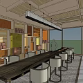 Store Front Desk With Wooden Ceiling Structure Decorative Painting Comfortable Seating And Large Windows