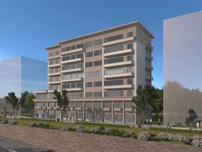 Modern Residential Building with Large Windows Balconies and Greenery Trees Flowers Under Blue Sky 3d model