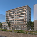 Modern Residential Building with Large Windows Balconies and Greenery Trees Flowers Under Blue Sky