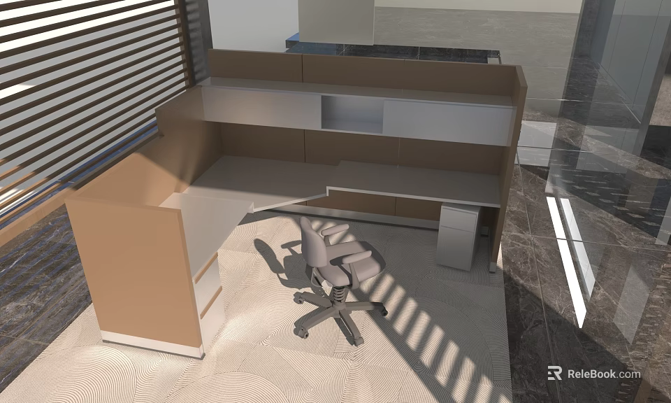 Modern Office Desk Setup With Ergonomic Chair And Storage Shelves In Bright Workspace 3d model 
