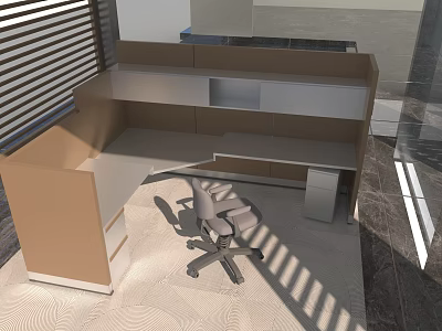 Modern Office Desk Setup With Ergonomic Chair And Storage Shelves In Bright Workspace 3d model