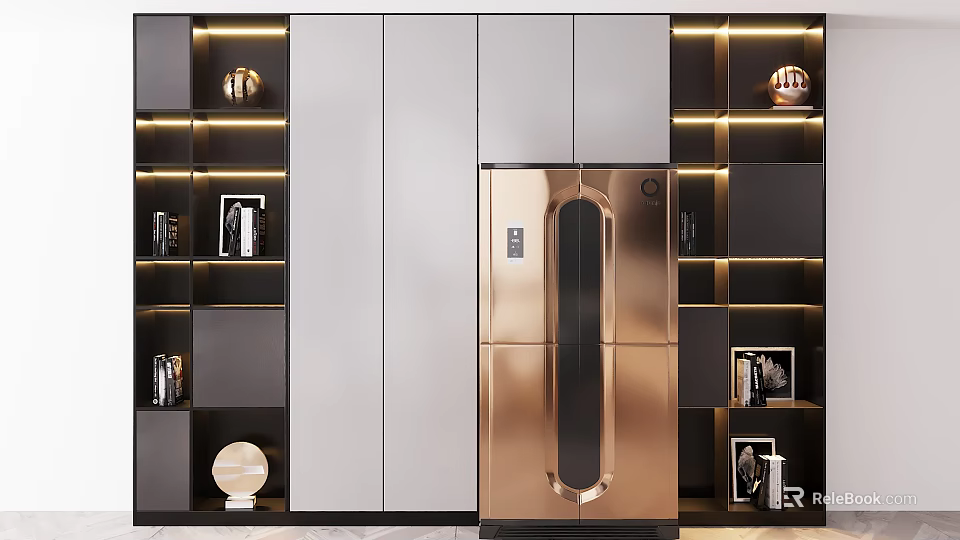 Modern Gold Accented Decorative Cabinet With LED Lighting And Display Shelves 3d model 