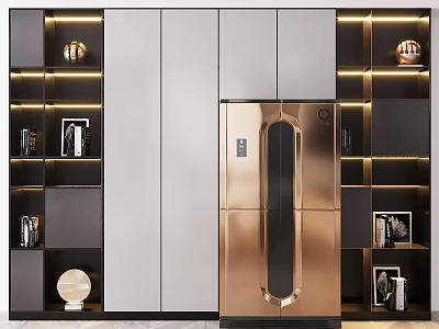 Modern Gold Accented Decorative Cabinet With LED Lighting And Display Shelves 3d model