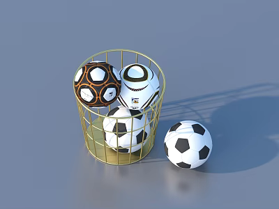Gold Metal Basket Containing Various Soccer Balls And One Outside 3d model
