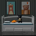 White Kids Bed with Storage Drawers Blue Pillow Yellow Plush Toy and Cartoon Bear Paintings