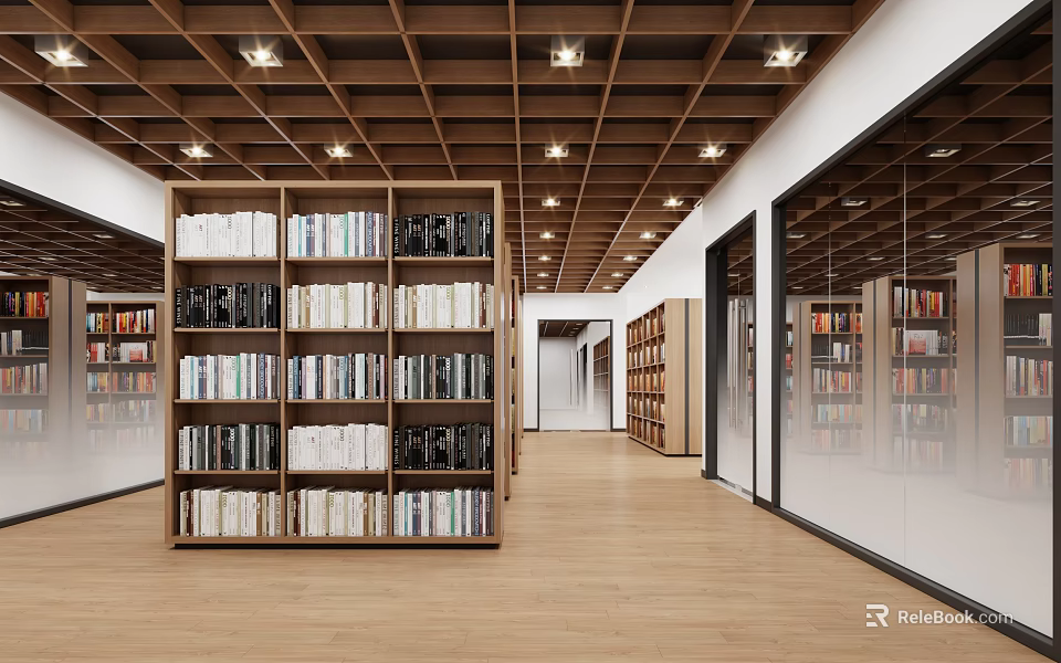 Library Interior With Wooden Ceiling And Bookcases 3d model 