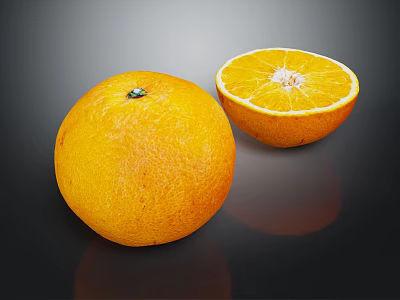 Fresh Juicy Oranges Displayed As Whole And Sliced On Black Background 3d model