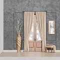 Beige Curtains with Wooden Double Doors Gray Wall Decorative Vase Painting and Small Stool