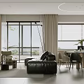Minimalist Open Concept Living and Dining Room With Gray Sofa Green Plant And White Walls