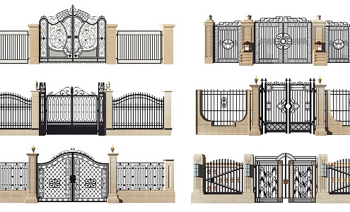 European-style gate wrought iron gate wall combination 3d model