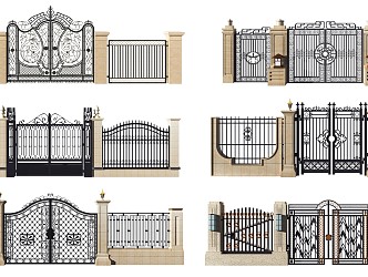 European-style gate wrought iron gate wall combination 3d model