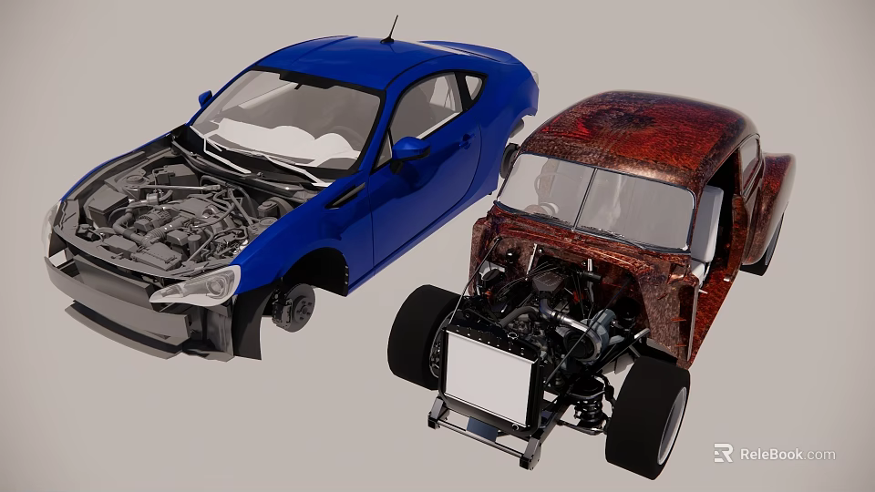 Two Blue Modern And Rustic Brown Cars With Open Hoods Exposed Engine Details 3d model 