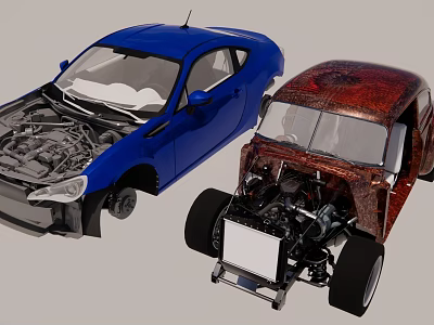 Two Blue Modern And Rustic Brown Cars With Open Hoods Exposed Engine Details 3d model
