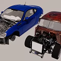 Two Blue Modern And Rustic Brown Cars With Open Hoods Exposed Engine Details