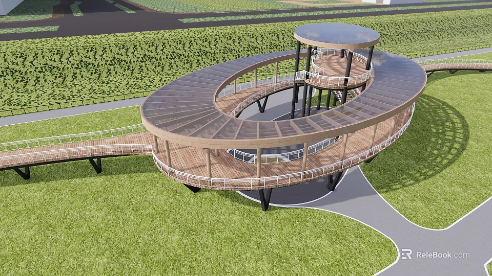 Park Landscape Featuring Spiral Observation Deck With Wooden Flooring Glass Roof And Green Lawn 3d model 