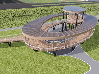 Park Landscape Featuring Spiral Observation Deck With Wooden Flooring Glass Roof And Green Lawn 3d model