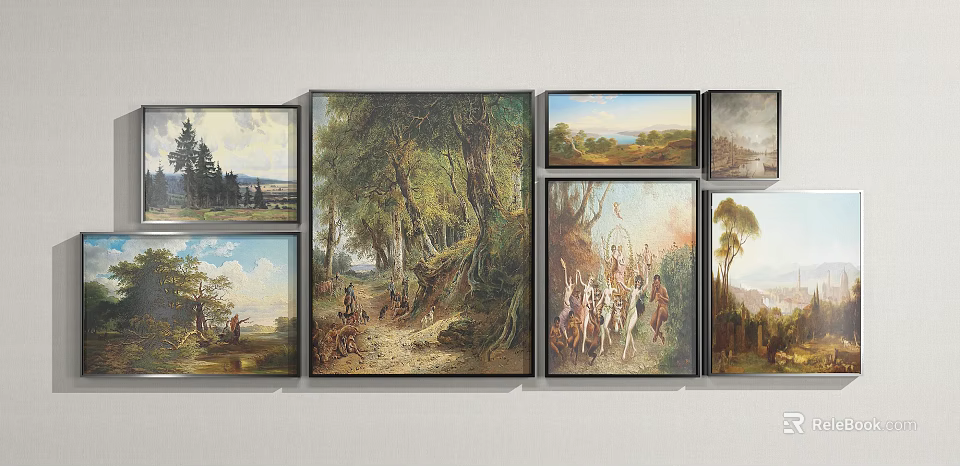 Multiple Landscape Paintings With Forest Scenes And Wooded Paths Displayed On Wall 3d model 