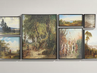 Multiple Landscape Paintings With Forest Scenes And Wooded Paths Displayed On Wall 3d model