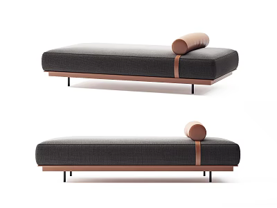 Modern Dark Gray Ottoman With Wooden Frame Round Cushion And Leather Strap 3d model