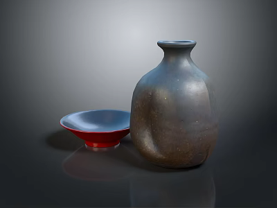 Decorative Ceramic Clay Vase And Red Blue Small Bowl On Dark Glossy Surface 3d model