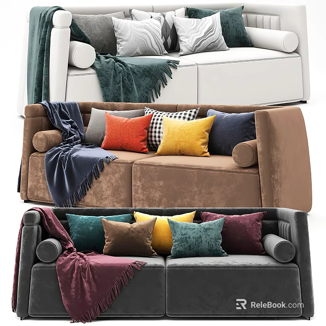 Modern Multi Seater Sofa With Colorful Pillows And Soft Throws In Various Tones 3d model 