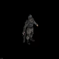 Sci Fi Hooded Armored Warrior With Red Eyes Skull Emblem In Combat Suit Holding Weapon