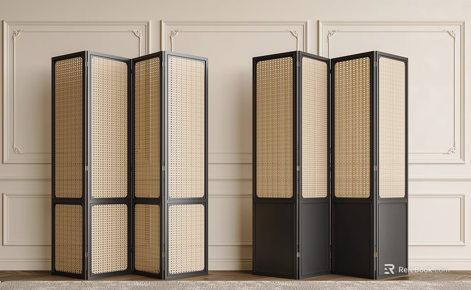 Modern Three Panel Rattan Room Divider with Black Frame for Home Decor 3d model 
