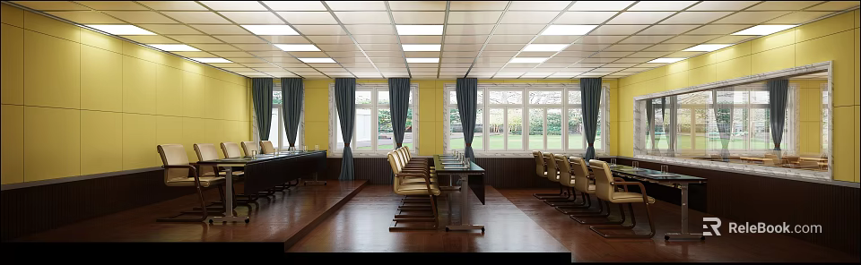 Bright Conference Room Interior With Yellow Walls Blue Curtains Large Windows And Wooden Tables 3d model 