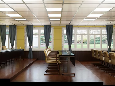 Bright Conference Room Interior With Yellow Walls Blue Curtains Large Windows And Wooden Tables 3d model