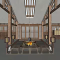 Hotel Lobby Interior With Wooden Beams Skylights Central Fire Pit And Lanterns