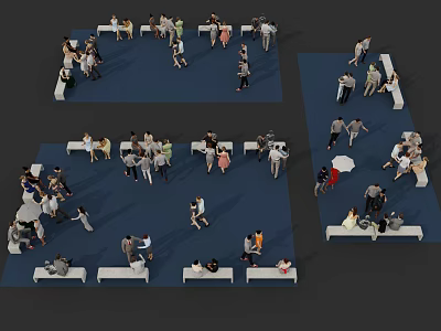 Group Of People Interacting In Blue Area With Seats And Social Gathering Scene 3d model