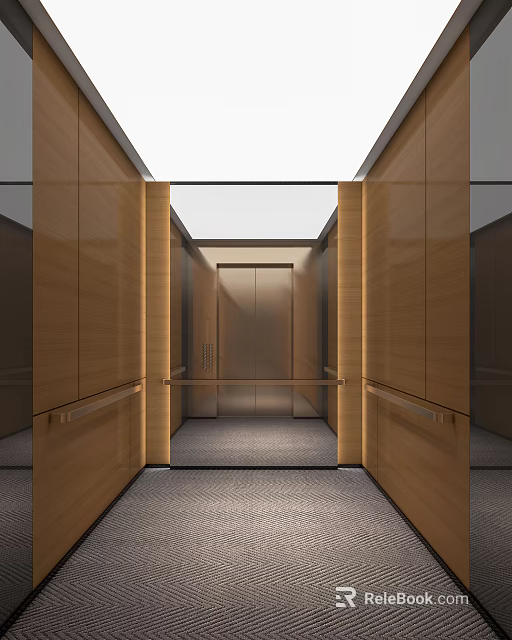 Modern Elevator Interior Design With Wooden Panels Metallic Doors And Carpeted Floor 3d model 