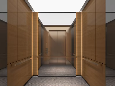 Modern Elevator Interior Design With Wooden Panels Metallic Doors And Carpeted Floor 3d model