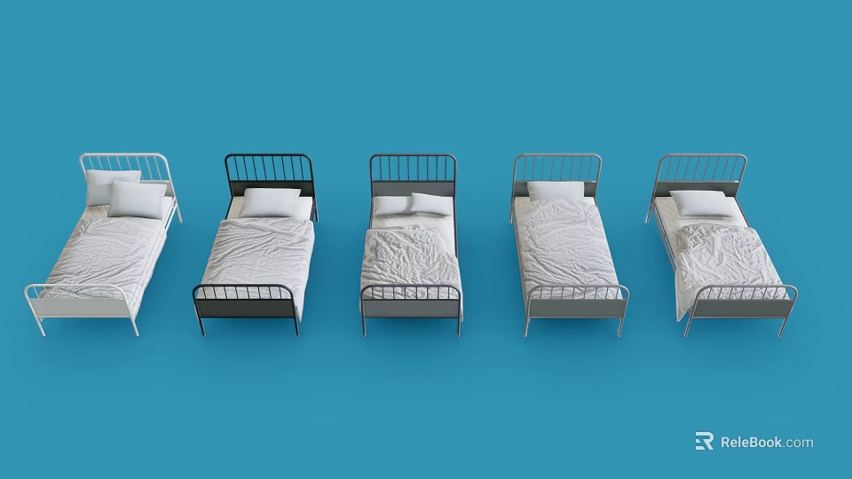 Modern Single Bed With Metal Frame White Mattress And Pillows On Blue Background 3d model 