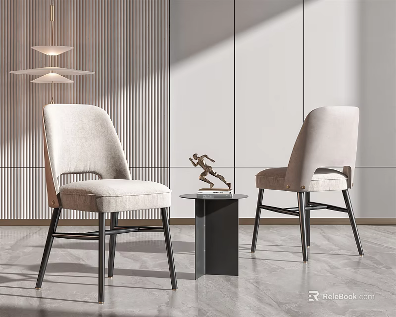 Modern Table Chair Set With Light Gray Fabric Seats Black Metal Legs And Sculpture 3d model 