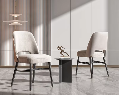 Modern Table Chair Set With Light Gray Fabric Seats Black Metal Legs And Sculpture 3d model
