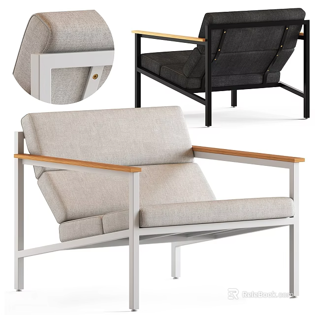 Light Gray Linen Accent Chair With Wooden Armrests And Metal Frame Upholstered Design 3d model 
