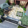 Modern Garden Landscape with Iron Gate Green Trees Outdoor Seating and Stone Pavement