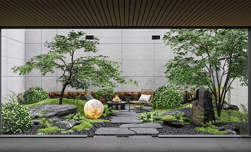 Patio landscape landscaping garden courtyard landscape rockery green plant floor lights pebbles 3d model