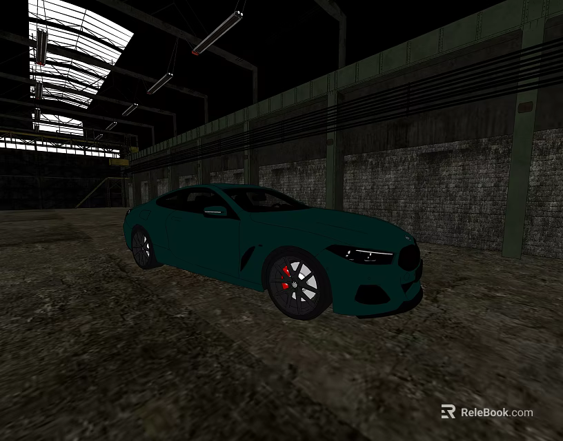 Teal Sports Coupe Parked In Industrial Warehouse With Dirt Floor And Brick Walls 3d model 