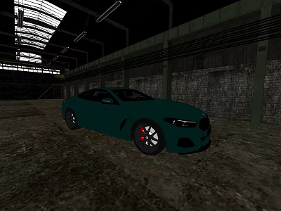 Teal Sports Coupe Parked In Industrial Warehouse With Dirt Floor And Brick Walls 3d model