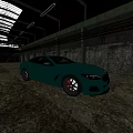 Teal Sports Coupe Parked In Industrial Warehouse With Dirt Floor And Brick Walls