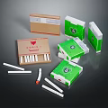 Assorted Cigarette Packages With Brown Green Boxes And Loose Cigarettes 3d model
