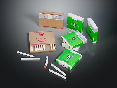 Assorted Cigarette Packages With Brown Green Boxes And Loose Cigarettes 3d model